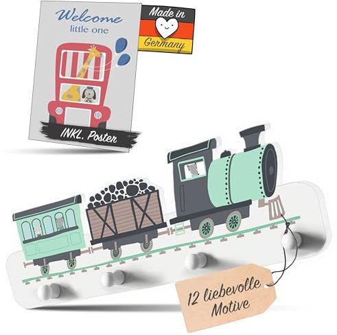 Kindsblick® Lokomotive Kindergarderobe in Mintgrün inkl. niedlichem A4 Poster - Garderobe Kinder Edition mit 4 Haken - Wunderschöne Kinder Garderoben Deko - Kinder Garderobe Maße (38 x 15 x 1 cm)