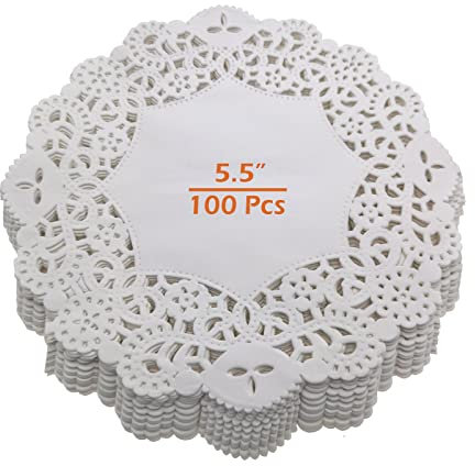 Dentelle Napperons Papier,100 PCS Napperon Papier Rond Décoratif Blanc Gâteau Emballage TamponJetable sous-Verres pour Desserts Biscuits Produits Mariages Fête d'anniversaire Décoration 5,5