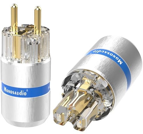 Monosaudio Paar HiFi Schukostecker+IEC C15 Anschluss High End Kaltgeräte-Stecker 16A 250V Audiophiler Netzstecker Kupplung (Vergoldet, Aluminium-Schale, E107G/F107G)