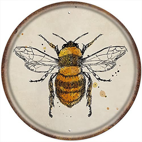 Bee Vintage Style Rundes Blechschild Honig Hummel Metall Blechschild Interessante Bienenmalerei Aluminium Schild Wanddeko für Cafe Bar Pub Club Man Cave Rustikal Bauernhaus Garten Home Decor 30,5 x