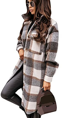 YMING Femme Chemise à Carreaux Chemise Boutonnée à Manches Longues Veste Veste à Carreaux Rétro Blouses Boyfriend Gris XL