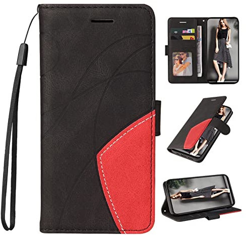 FMPCUON Hülle Kompatibel mit LG K50/ Q60 Handyhülle,LG K50/ Q60 Klapphülle,【Zweifarbiges Schutzhülle】 Flip Leder Wallet Cover Handytasche Case,Schwarz