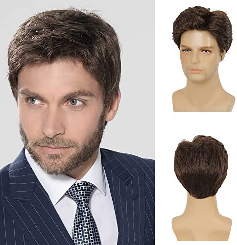 Beweig Herren Perücken Braun Kurze Layered Perücke Synthetischer Ersatz Cosplay Kostüm Party Alltagskleidung Haarperücke mit Kappe
