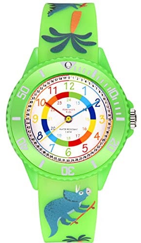 Alienwork Kids Dino T-Rex Montre Pédagogique Apprendre l'Heure Enfants Garçon Fille Vert Bracelet en Silicone Multicolore Enfants Résistant à l'eau 5 ATM Temps d'apprentissage
