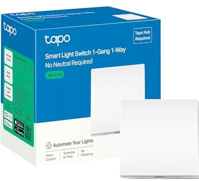 TP-Link Tapo Smart Interruptor de luz de 1 vía, mando a distancia y control por voz, modo apagado, no requiere neutral, batería incluida, funciona con Alexa y Google, Blanco