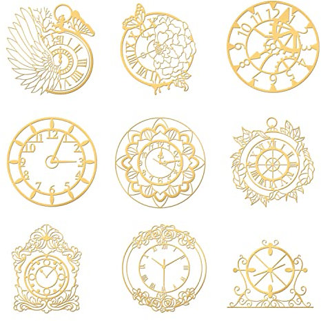 OLYCRAFT 9 Stück selbstklebende goldene Messing Aufkleber Uhrmuster Aufkleber Metall Aufkleber Orgonit Aufkleber Harzzubehör Aufkleber für Scrapbooking Wasserflaschendekoration - 4 x 4 cm