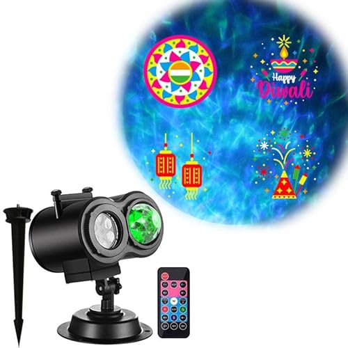 Holiday Halloween Valentine Party Christmas Diwali Projector Light (Indoor, Outdoor, Splashproof IP44), 16 Slides (4 Pictures Each), 10 Wave Effects, Remote Control (Power Timer Speed Flash), 3 Mounts