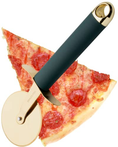 Steel Pizza Cutter Wheel Tool - Sturdy Stainless Steel Construction. Razor Sharp Pizza Slicer, Soft Grip Handle, Safety Finger Guard. Good for Pastry, Pasta, Dough. 5yr Guarantee, Green and Gold