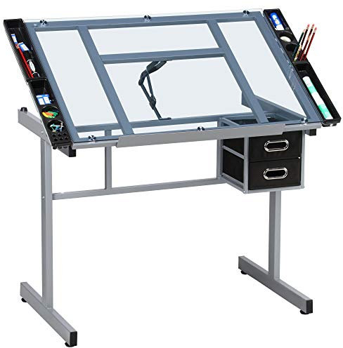 Yaheetech Mobile Drawing Table Tiltable Craft Table with Storage Drawers, Artist Glass Painting Drawing Desk Study Table with Adjustable Tabletop for Artwork, Multi-Function Art Desk