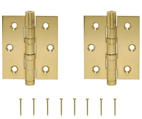 Kit 2 Cerniere a Libro e Viti di Fissaggio - Cerniera per Ante Armadio, Cucina, Credenza, Comodini e Cassettiere - Montaggio Facile e Veloce - Chiusura Cerniera a Scomparsa - Color Ottone Lucido