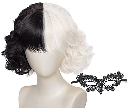 CMJBUHR Halb Schwarz Halb Weiß PerüCke, Kurze Schwarz WeißE PerüCke, Schwarze und WeißE PerüCke Kurz Gewellt Schwarz Weiß, Cosplay Party Wig für Karneval und Party Fancy Dress