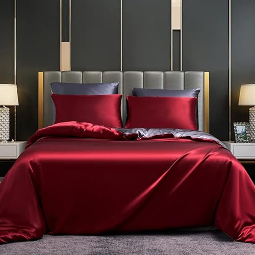 DXHOME Ropa de cama de satén rojo, 155 x 220 cm, agradable y liso, satén brillante, color rojo vino, gris, funda nórdica reversible con cremallera y 2 fundas de almohada de 80 x 80 cm