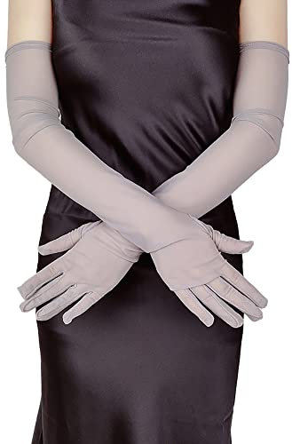 Wambere Lange Handschuhe Damen Satin Fingerhandschuhe Oper Braut Tanzhandschuhe Party Stretch Handschuhe Erwachsene Halloween Handschuhe Durchsichtig Ellenbogen Lang für Hochzeit Abend,Grau