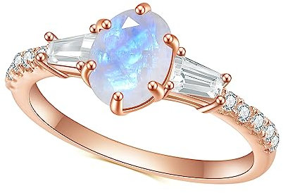 Gem's Beauty Ringe für Frauen, 14 Karat Roségold, vergoldet, 925 Sterlingsilber, Mondstein, weiblicher Ring, Eheringe, Schmuck, Geschenke für Sie (Größe 5–10), Mondstein