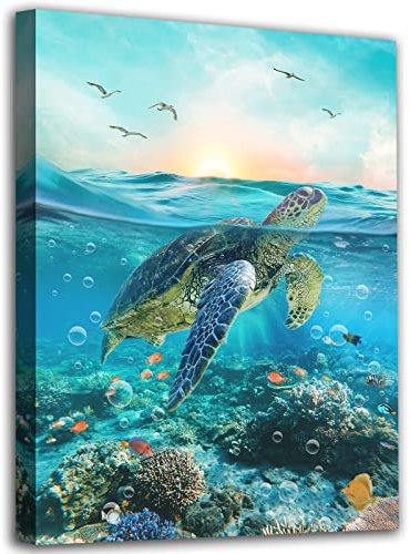 ARYEWDY Sea Turtle Canvas Pictures Ocean Décor Wall Art for Bathrooms Underwater Scenery Painting Artwork Aqua Ocean Landscape Prints Wall Décor 30x40cm