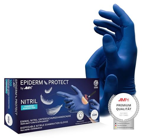 AMPRI Nitrilhandschuhe, Low Derma, metallblau, 100 Stück/Box, Größe L, puderfrei, EpidermProtect by Med-Comfort: Nitril Einmalhandschuhe, Einweghandschuhe in den Größen XS, S, M, L, XL