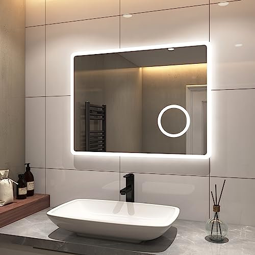 S'AFIELINA Badspiegel 80×60 cm Badezimmerspiegel mit Beleuchtung LED Badspiegel mit Druckknopfschalter 2 Lichtfarbe Kaltweiß und Warmweiß, Beschlagfrei, 3X Vergrößerung, Speicherfunktion