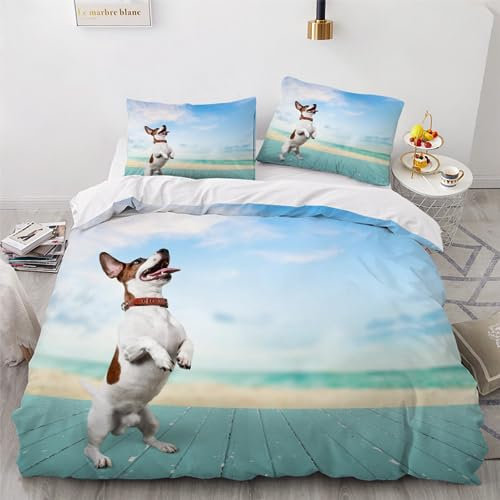 AIREBE Jack Russell Terrier Bettwäsche 3D Bettbezug Set 100% Polyesterfaser, Bettwäsche-Sets Hund Tier mit Reißverschluss Und Kissenbezügen Sommer Für Teenager Erwachsene (135x200cm)