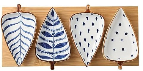 HQZT Homeware Lot de 4 assiettes japonaises élégantes en céramique peintes à la main avec plateau en bois – Cadeau pour tapas, sushis, plateaux de service et fêtes – Motif feuilles et vigne