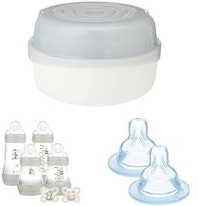 MAM Microwave Steam Steriliser (Grey) + MAM Feed and Soothe Bottle Set Complete withSoothers + MAM Teats Size 1, Suitable for Newborns, Slow Flow SkinSoft Silicone Teats for Baby Bottles