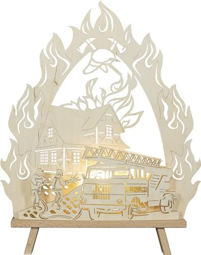 Rudolphs Schatzkiste Lichterspitze Feuerwehr LED-Beleuchtung Natur BxHxT 34,5x43x6cm NEU Schwibbogen Lichterbogen Fensterbogen Spitzbogen Erzgebirge Weihnachten Bergbau Bergmann Licht Holz Dekoration