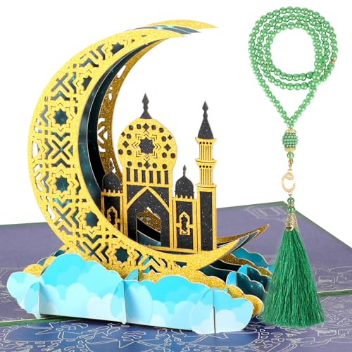 DPKOW Eid Geschenke - 3D Pop Up Karte mit Umschlag + Grüne Gebetskette, Glitzer Eid Karte Rosenkranz Geschenke Eid Ramadan Mubarak Grußkarte Moschee Muslimische Islamische Geschenke für Kinder Familie