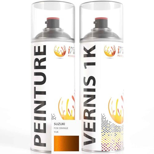 ipixline Kit Retouche Peinture Carénage Moto - Bombe Aérosol Peinture 400 ml, Vernis Brillant 1k 400 ml - Compatible avec Suzuki - Fox Orange YUK