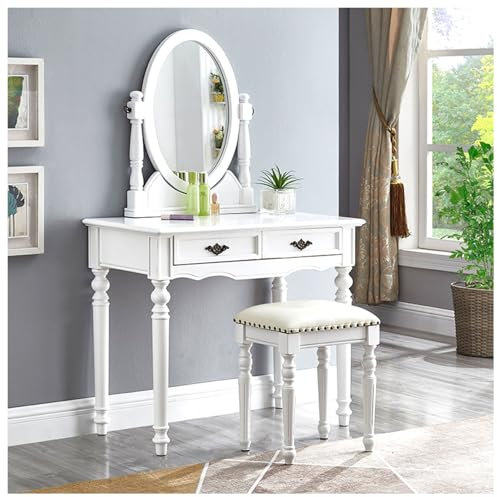 Antike weiße Schminktisch mit genietetem Polsterhocker, Holz Frisiertisch mit 2 Schubladen und ovalem Spiegel, großer Landhausstil Kosmetiktisch für das Schlafzimmer (Color : White, Size : 80cm/31.5