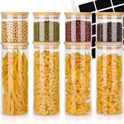 Avmvnvc Bocaux en Verre - Lot de 8 Bocal en Verre avec Couvercle en Bambou - Bocaux Rangement Cuisine - Pot en Verre avec Couvercle pour Pâtes, Céréales, Thé, Haricots (1000ml×4 + 400ml×4)
