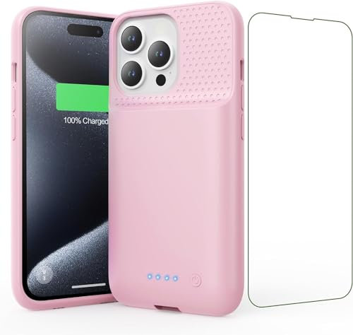 15W Fast Charging Battery Case for iPhone 15 Pro (6.1 inch), 7500mAh Slim Portable Charging Case with 360° Protection, Rechargeable Extended Phone Charger Cover - Pink
