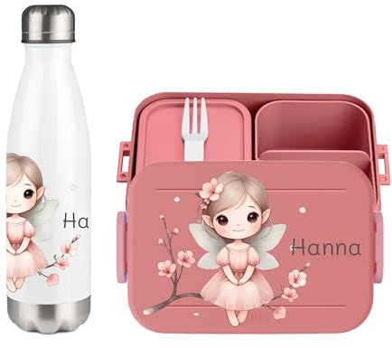 wolga-kreativ Set personalisierte Brotbüchse und Kinderflasche für Mädchen mit Fee am Ast Motiv Bento Lunchbox mit Fächern und Unterteilung für Schule und Kindergarten