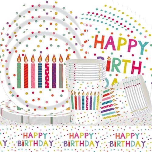Vajilla Fiesta Cumpleaños, Plato de vela de cumpleaños,vajilla de cumpleaños infantil,Puntos de color Juego de vajilla Happy Birthday,Plato,mantel Servilletas,Vasos,(53PCS 16Personas)