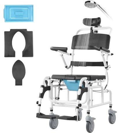 VEVOR Duschrollstuhl, 440 mm breiter Toilettenrollstuhl aus Aluminiumlegierung für Innendusche, Toilettenstuhl mit Bremse für behinderte Erwachsene, Rollstuhl mit einer Tragkraft von 136 kg