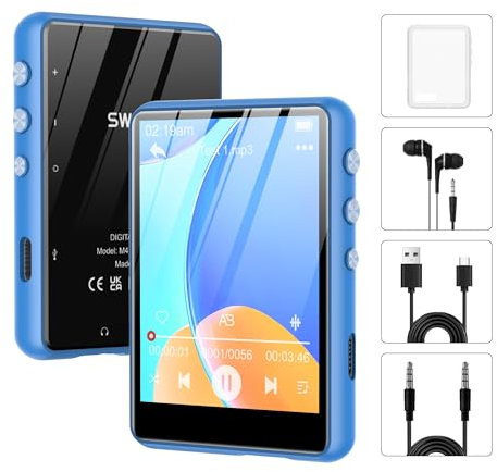 SWOFY 64GB Lettore MP3 Bluetooth 5.3, 2,4-Pollici Touchscreen Lettore MP3 Portatile, MP3 Lettore Musicale HIFI con Radio FM, Recorder, E-Book, Supporto Fino a 128 GB di Espansione (Blu)