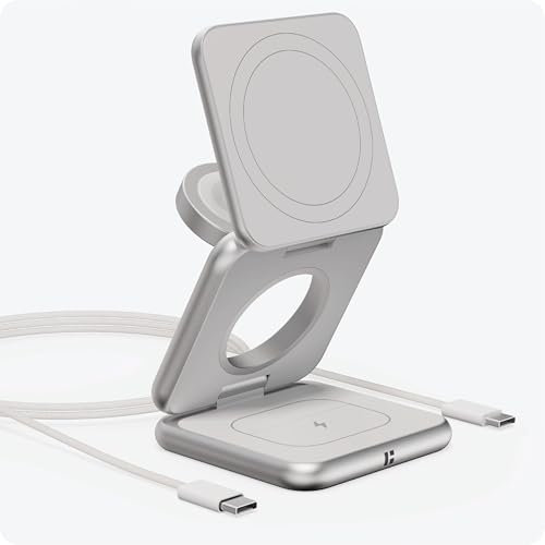 HIROTO MagSafe-Compatible Origami 3-in-1 Wireless Charger Station, Aluminium Alloy Qi-Certified iPhone charger for 17/16/15/14/13 Series, apple watch charger, and AirPods, Silver