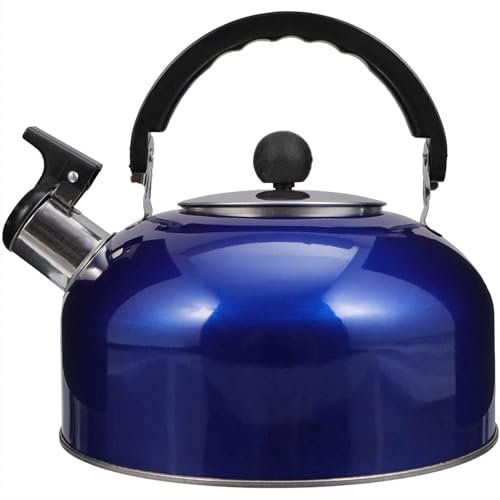 BARGAIN4ALL Stainless Steel 2 litres Stovetop Whistling Kettle - Gas Hob Camping Kettle with Ergonomic Handle - Cookers Gas Stoves 2L Kettle (Blue)