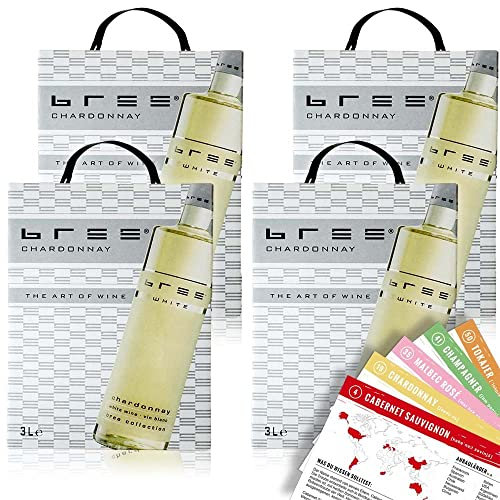 Bree Chardonnay IGP, halbtrocken, Bag-in-Box, sortenreines Weinpaket + VINOX Winecards (4x3,0l)
