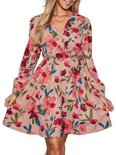 CUPSHE Women's V Wrap Dress Neck Ditsy Floral Mini Dress Long Sleeve A Line Dress Surplice Short Dress Dusty Rose M