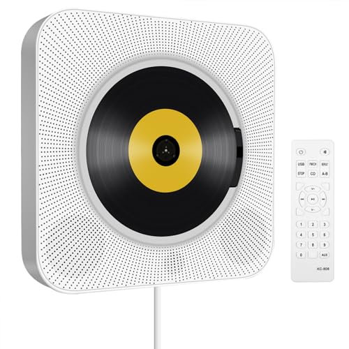 CD Player mit Bluetooth Tragbarer Wandmontage: USB MP3 Musik CD Players Fernbedienung FM-Radio mit HiFi-Lautsprecher Home Audio Disc Player mit Loop-Wiedergabe & Audio AUX-EIN/Ausgang für Hause (weiß)