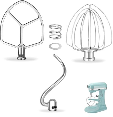 Edelstahl-Zubehör für KitchenAid 5,5-6 QT Bowl-Lift Standmixer, inklusive 6-Draht-Schneebesen, flacher Schlägel, Knethaken-Ersatz, passend für KP26, KL26, KB26, KSM55/60