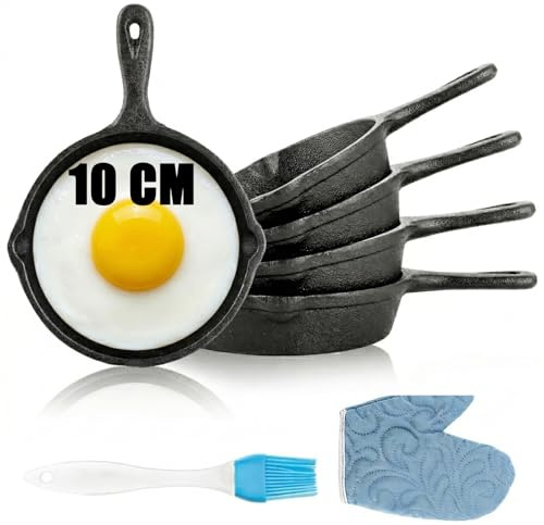 SHUESS Set di 5 mini padelle da 10 cm, piccole padelle a induzione con pennello e guanto in ghisa, piccole padelle per uova fritte, padella in ghisa per forno e campeggio