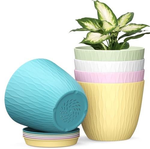 Plastic Plant Pots Indoor, 5 Pack 15cm Stripe Grooves Flower Pots with Drainage Holes and Tray, Modern Decorative Planter Pot for All House Plants(Multicolor)