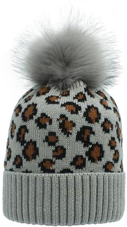 BrightGlow Mütze mit Leopardenmuster Wintermütze für Damen Beanie-Mütze mit Tierdruck Leopard Print Strickmütze Bommelmütze Damen Acryl-Strickmütze Totenkopf-Mütze Grau Einheitsgröße