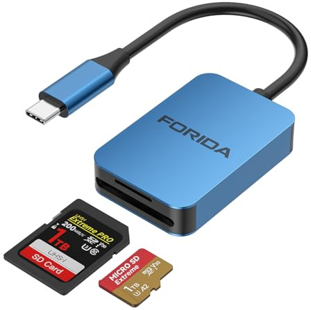 FORIDA USB C SD Kartenleser, USB 3.0 High Speed Dual Card Adapter für iPhone 15 16/iPad/MacBook/Mac, Speicherkartenleser unterstützt SD und TF Karte 2 Karten funktionieren gleichzeitig (Blue)