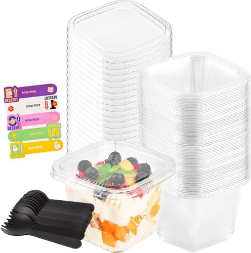 YDAKGUEY 40 Pcs Plastic Dessert Cups, Reusable Clear Cup, Square Bowl with Lids & 40 Black Spoons for Pudding Mousse Ice Cream Yogurt and Party Snacks - 10 * 10 * 7cm