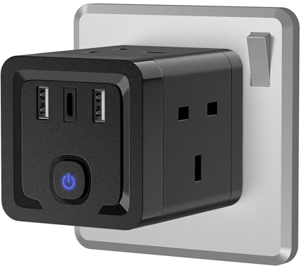 Plug Adapter with 3 USB Ports, Aubiwe Double Plug Sockets Adaptor UK, 4 Way MultiPlug Extension with 2USB(1 Type C) Charger, 13A Multiplug Socket Adapter for Kitchen, Office, School Supplies, Phone