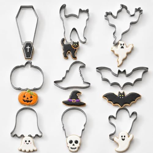 Formine per biscotti Halloween, 9 tagliabiscotti inox | Fantasma, pipistrello, gatto, zucca, teschio, bara e cappello da strega per impasto biscotti e fondente