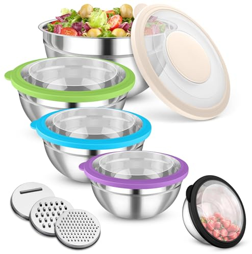 Onader Mixing Bowl Set of 5 Stainless Steel Salad Bowl with Lid, Colourful