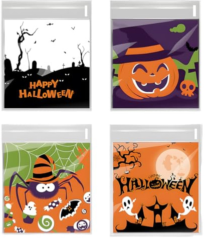Teegxddy 200pcs Halloween Cellophan Candy Bag,Selbstklebende Klare Plätzchen-Leckerei-Taschen,Halloween Candy Bags,Kunststoff-Geschenktüten,Geschenkartikel,Hausgemachtes