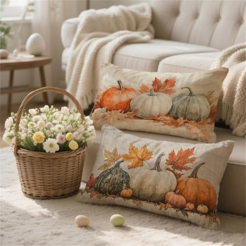 Kissenbezug 40x60cm Kürbis kopfkissenbezug Sofakissen Gebranntes Orange Muster Dekokissen Leinen Rechteckig Couchkissen mit Unsichtbarer Reißverschluss Zierkissen für Herbst Deko Geschenke t-643
